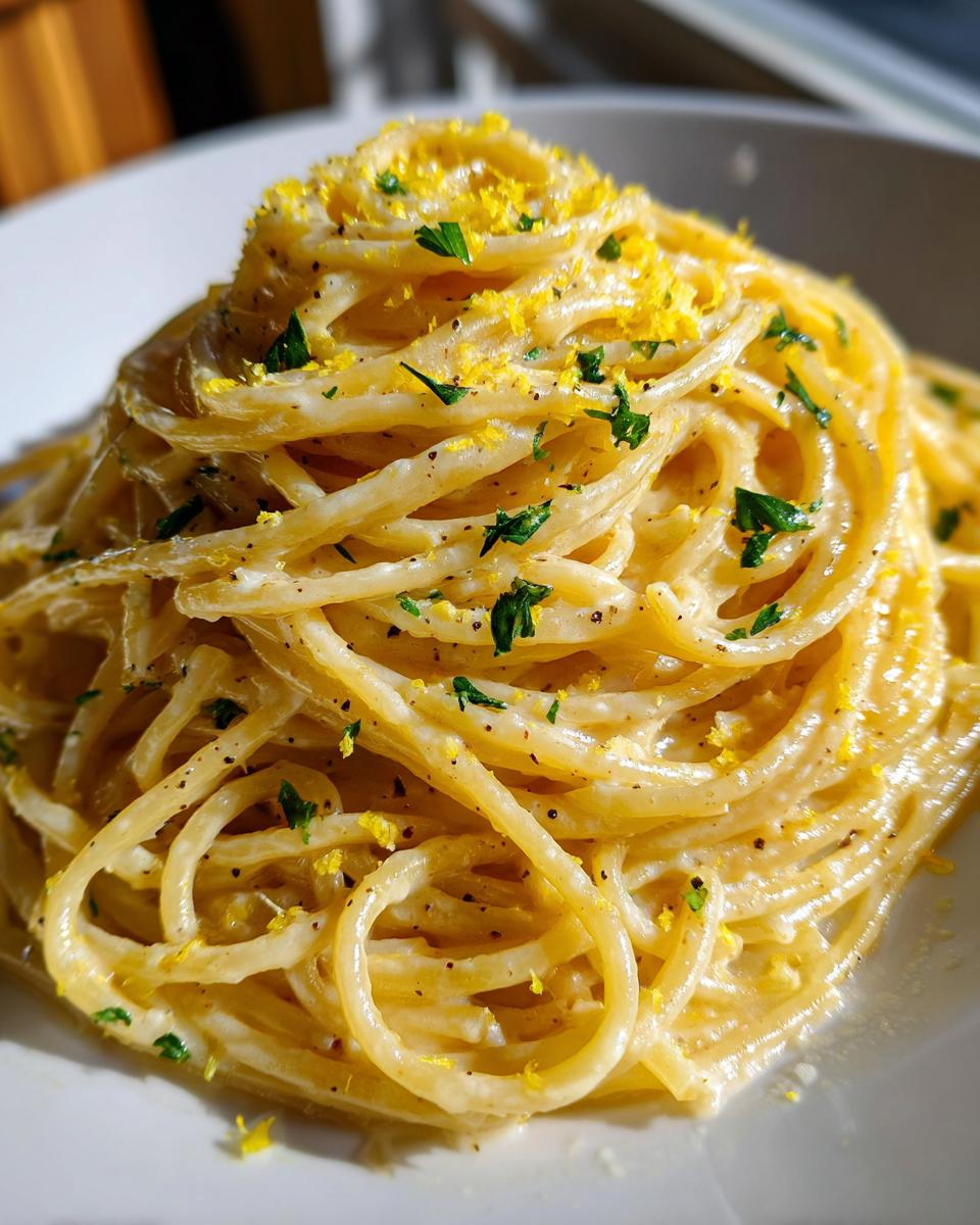 A close-up of a plate of creamy lemon pasta, garnished with fresh parsley and lemon zest.