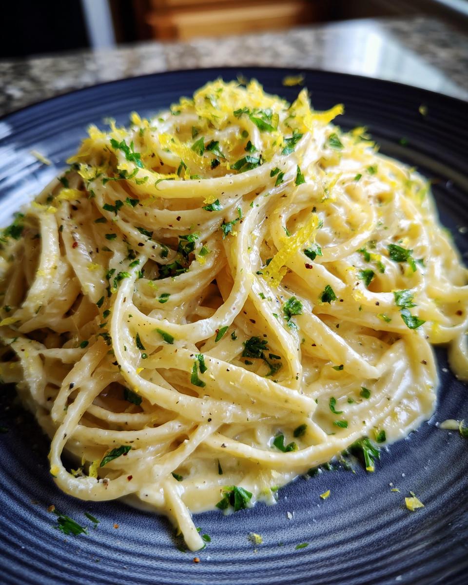 A close-up of a plate of creamy lemon pasta, garnished with fresh parsley and lemon zest.