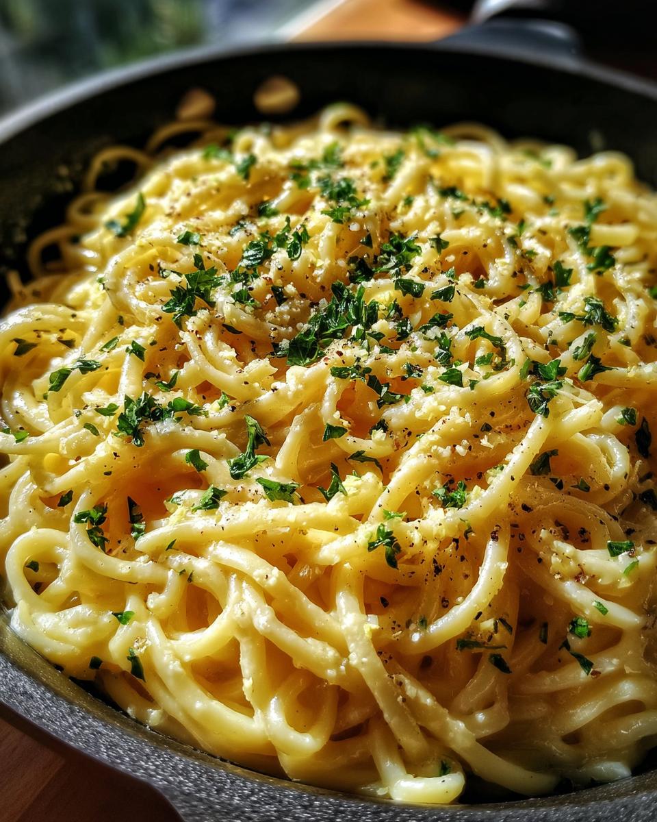 A close-up of a pan filled with creamy lemon pasta, garnished with fresh parsley and black pepper.