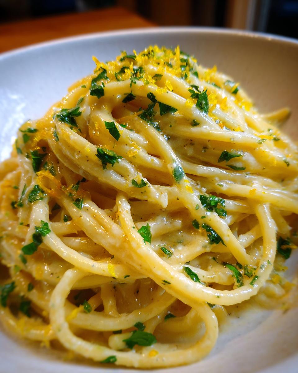 A close-up of a bowl of Creamy Lemon Pasta, garnished with fresh parsley and lemon zest.