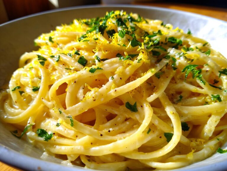 A close-up of a bowl of creamy lemon pasta, garnished with fresh parsley and lemon zest.