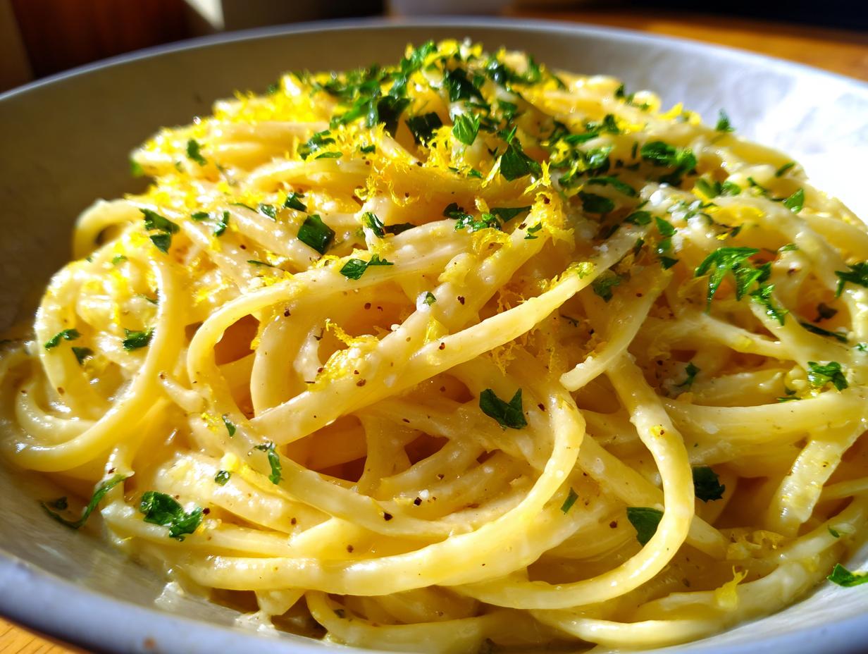 A close-up of a bowl of creamy lemon pasta, garnished with fresh parsley and lemon zest.