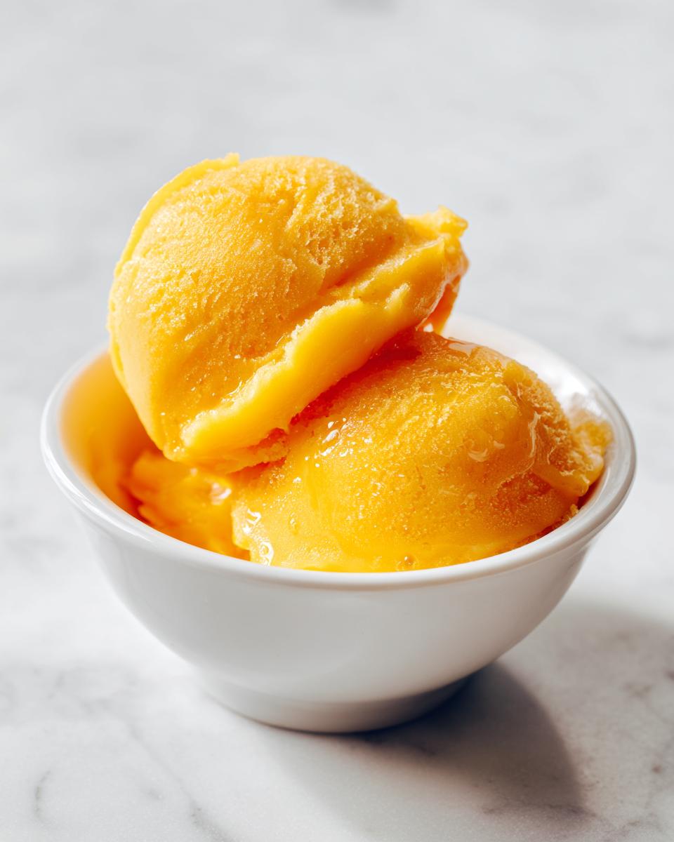 Two scoops of bright orange mango sorbet in a white bowl, perfect for beating the heat.