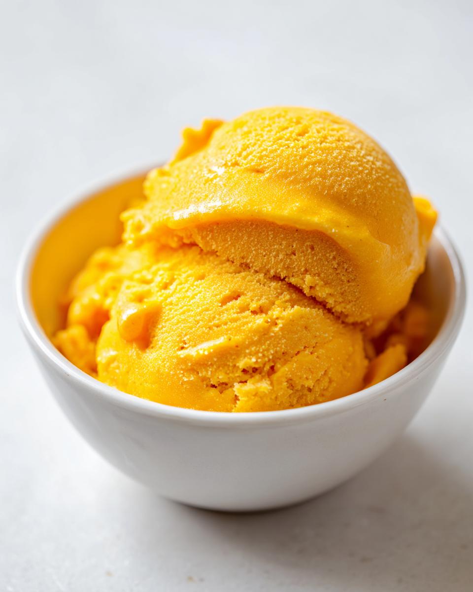 Two scoops of vibrant, creamy mango sorbet in a white bowl, perfect for beating the heat.