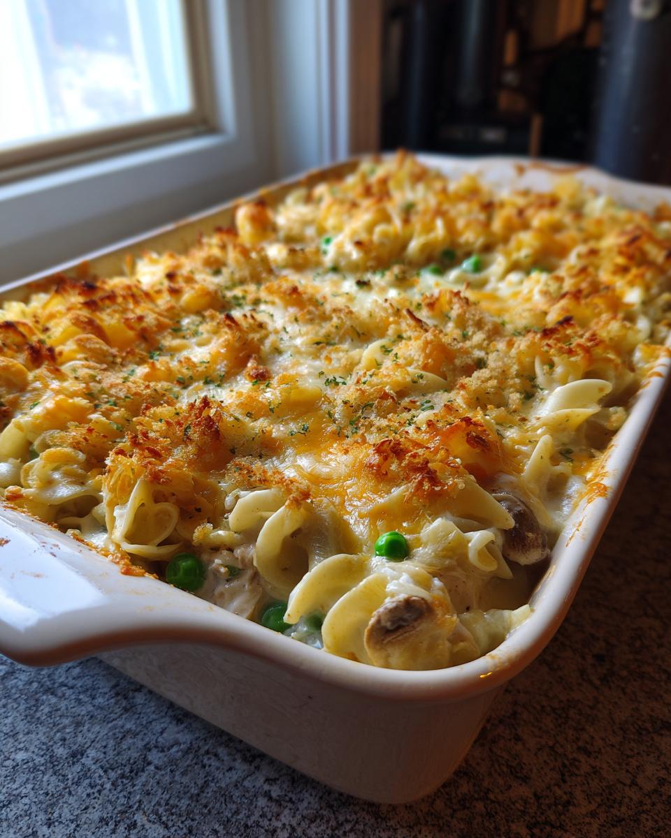 A close-up of a creamy Tuna Casserole baked in a white dish, featuring noodles, peas, and a golden breadcrumb topping.