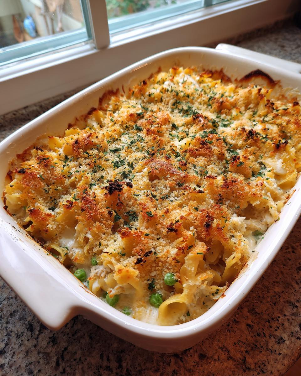 A close-up of a creamy Tuna Casserole in a white baking dish, topped with golden breadcrumbs and parsley.