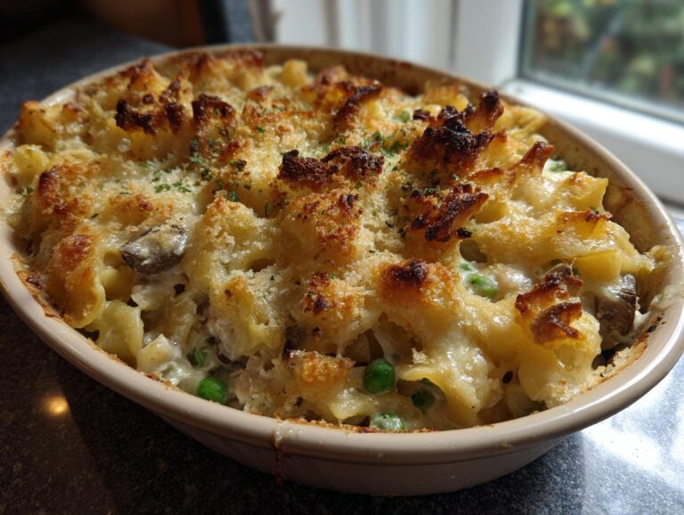 Close-up of a creamy tuna casserole baked in a dish, featuring pasta, peas, mushrooms, and a golden breadcrumb topping.