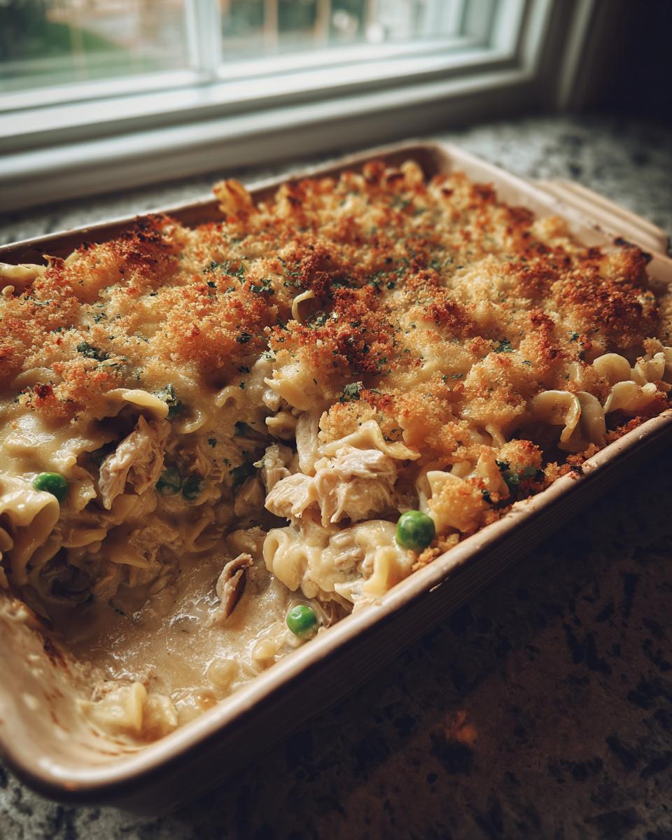 A close-up of a creamy Tuna Casserole with egg noodles, peas, and a golden breadcrumb topping.