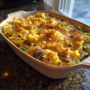 A close-up, appetizing view of a creamy Tuna Casserole baked in a casserole dish, topped with golden breadcrumbs and visible peas.