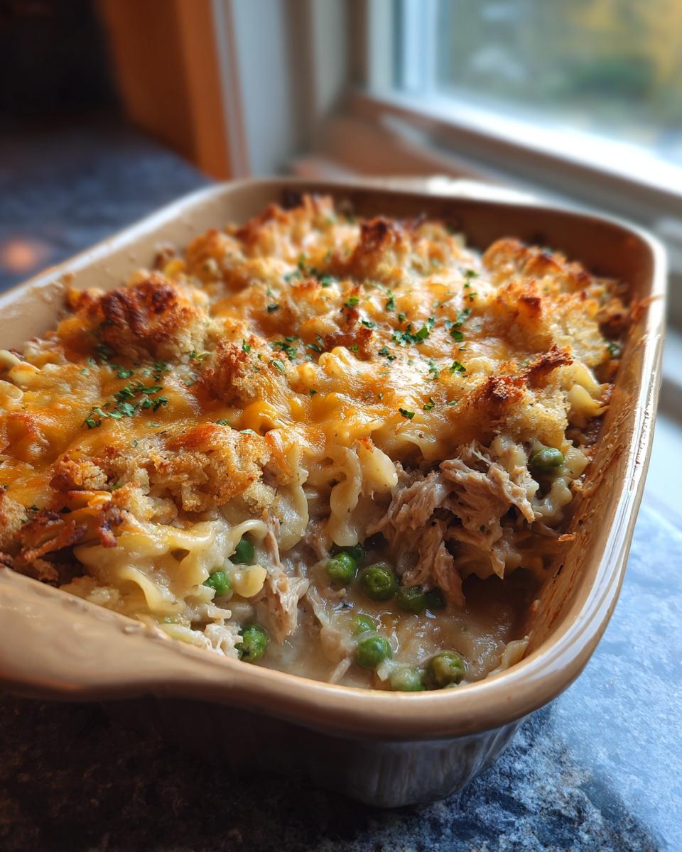 A close-up of a creamy Tuna Casserole in a baking dish, featuring noodles, peas, and a golden-brown cheesy topping.