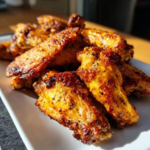 A close-up shot of perfectly cooked crispy air fryer chicken wings piled on a white plate, seasoned with spices.