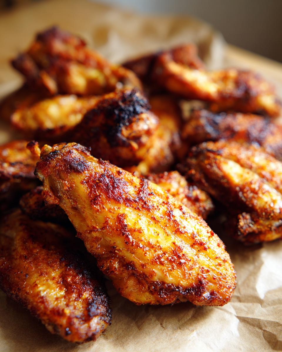 A close-up, mouthwatering view of perfectly cooked crispy air fryer chicken wings with a golden-brown, seasoned skin.