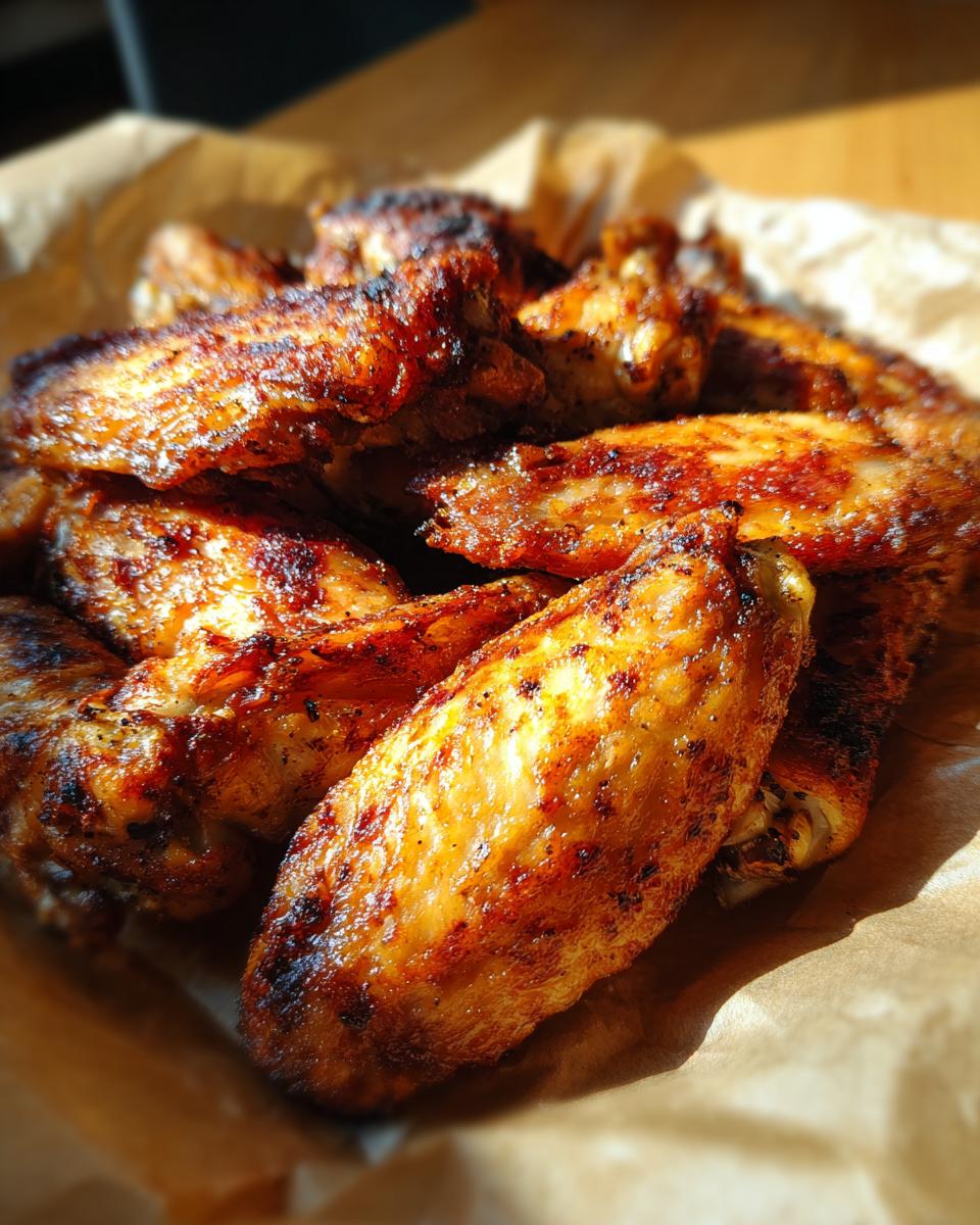 A close-up, overhead view of a pile of perfectly crispy air fryer chicken wings, seasoned and golden brown.