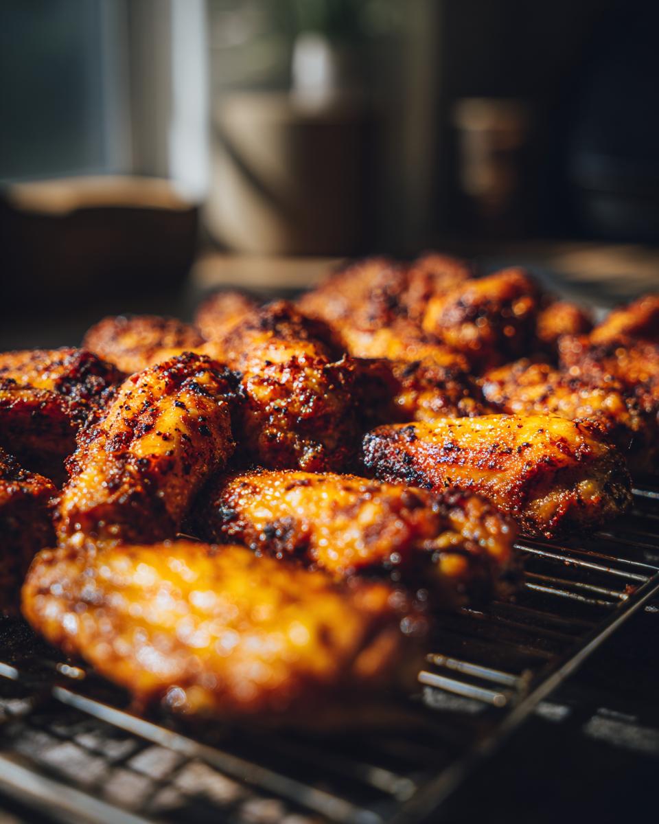 A close-up, low-angle shot of a batch of perfectly cooked crispy air fryer chicken wings on a cooling rack.