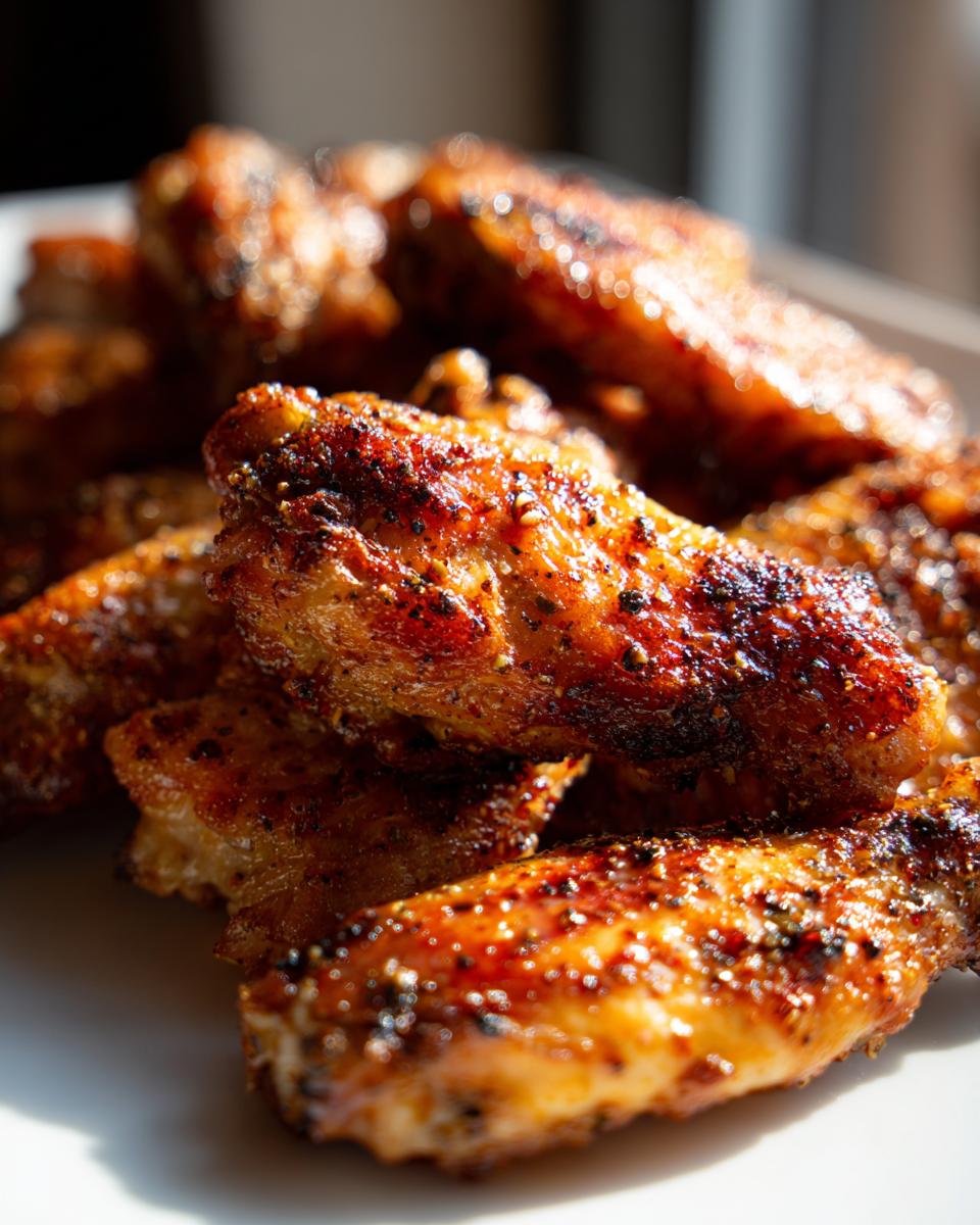 A close-up, detailed view of perfectly cooked crispy air fryer chicken wings with a seasoned, golden-brown crust.