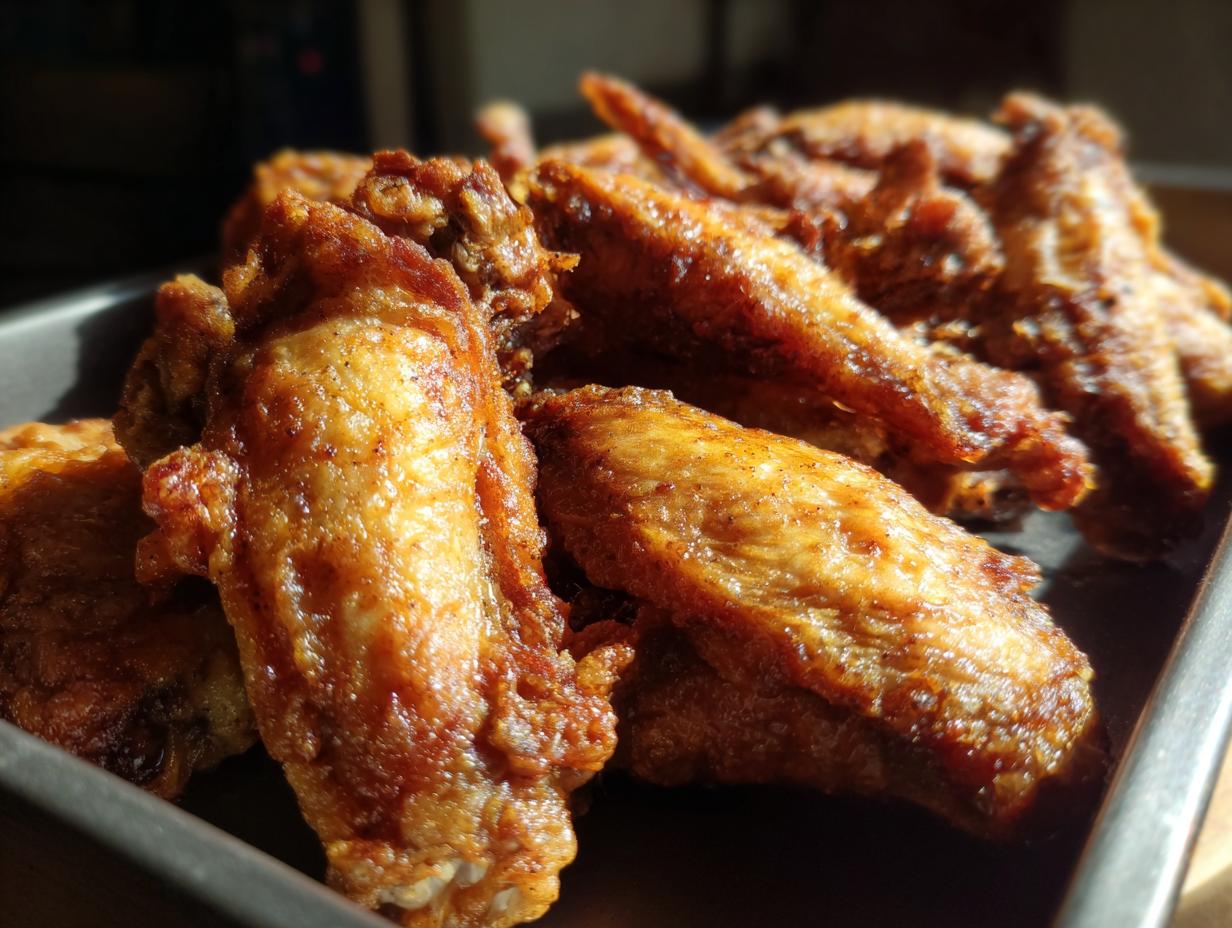 A close-up, golden-brown shot of perfectly crispy air fryer chicken wings piled in a metal tray.