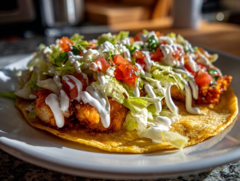 A close-up of a crispy potato taco on a white plate, topped with shredded lettuce, diced tomatoes, crumbled cheese, and a drizzle of crema.