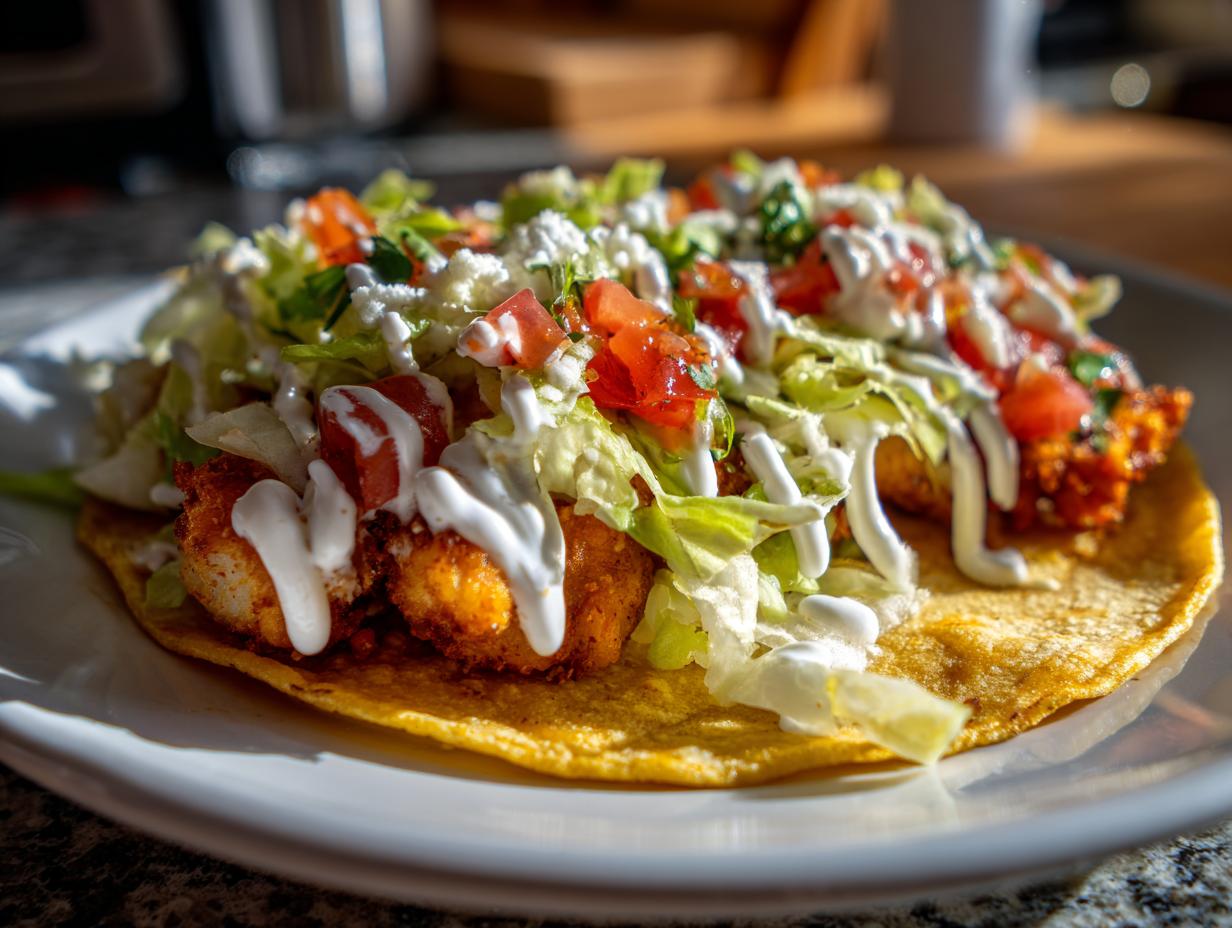 A close-up of a crispy potato taco on a white plate, topped with shredded lettuce, diced tomatoes, crumbled cheese, and a drizzle of crema.
