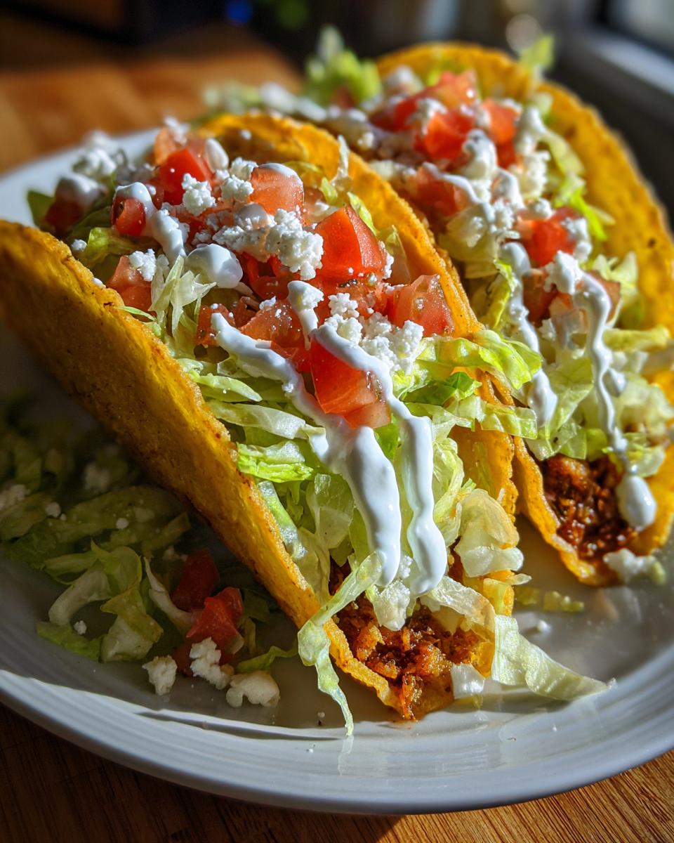 Close-up of two crispy potato tacos filled with seasoned potato filling, shredded lettuce, diced tomatoes, crumbled cheese, and a drizzle of sour cream.