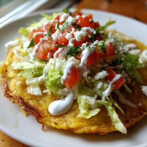 A close-up of a crispy potato taco topped with shredded lettuce, diced tomatoes, crumbled cheese, and a drizzle of crema.