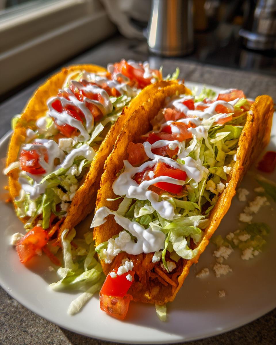 Two delicious crispy potato tacos filled with shredded lettuce, diced tomatoes, crumbled cheese, and a drizzle of sour cream.