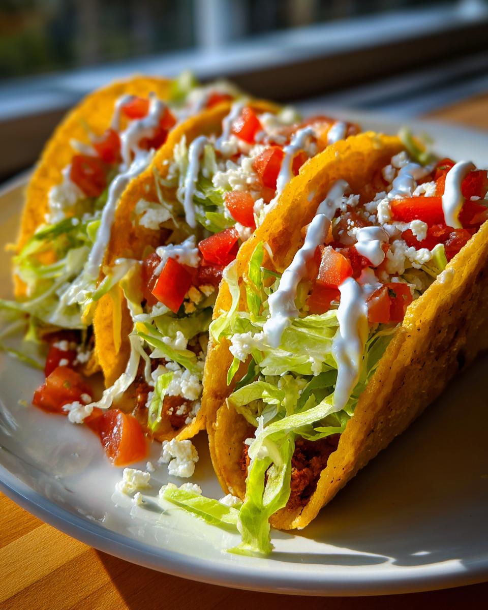 Three crispy potato tacos filled with seasoned potato, shredded lettuce, diced tomatoes, crumbled cheese, and a drizzle of sour cream.
