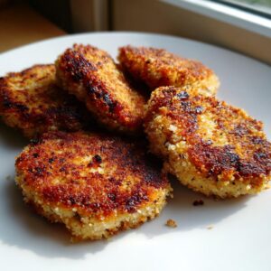 A plate of golden-brown, crispy tuna patties with a textured breadcrumb coating.