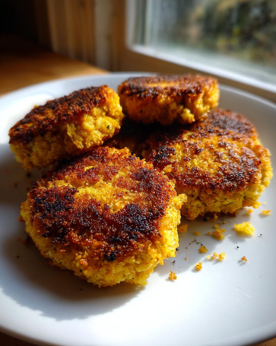 Close-up of golden-brown, crispy tuna patties on a white plate, bathed in natural light.