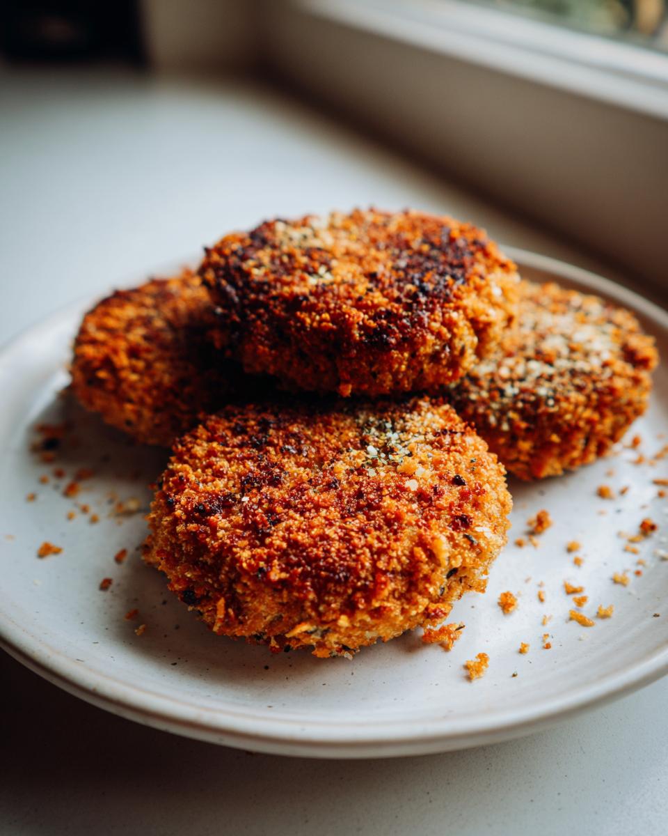 Close-up of four golden-brown, crispy tuna patties stacked on a white plate, seasoned with herbs.