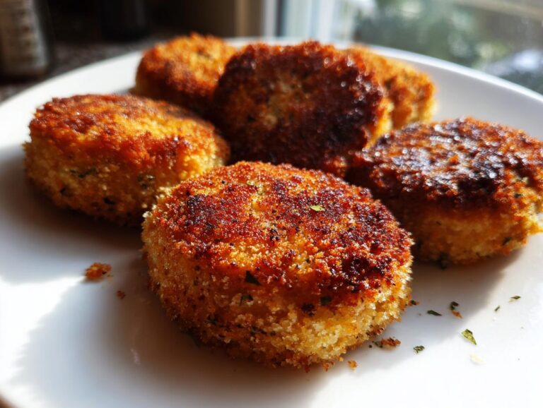 Close-up of golden-brown, crispy tuna patties on a white plate, ready to be served.
