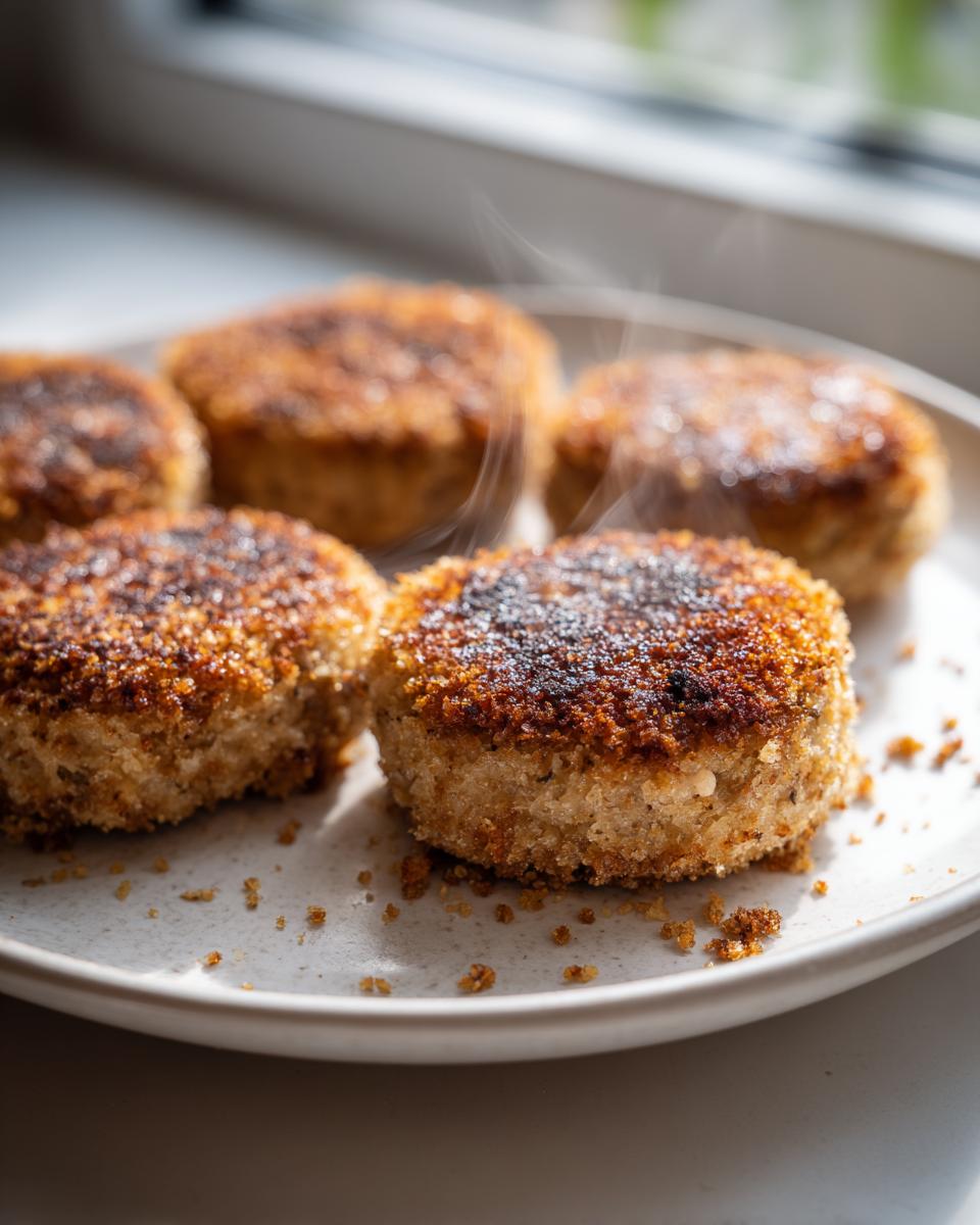 A plate of freshly cooked, crispy tuna patties with steam rising from them.