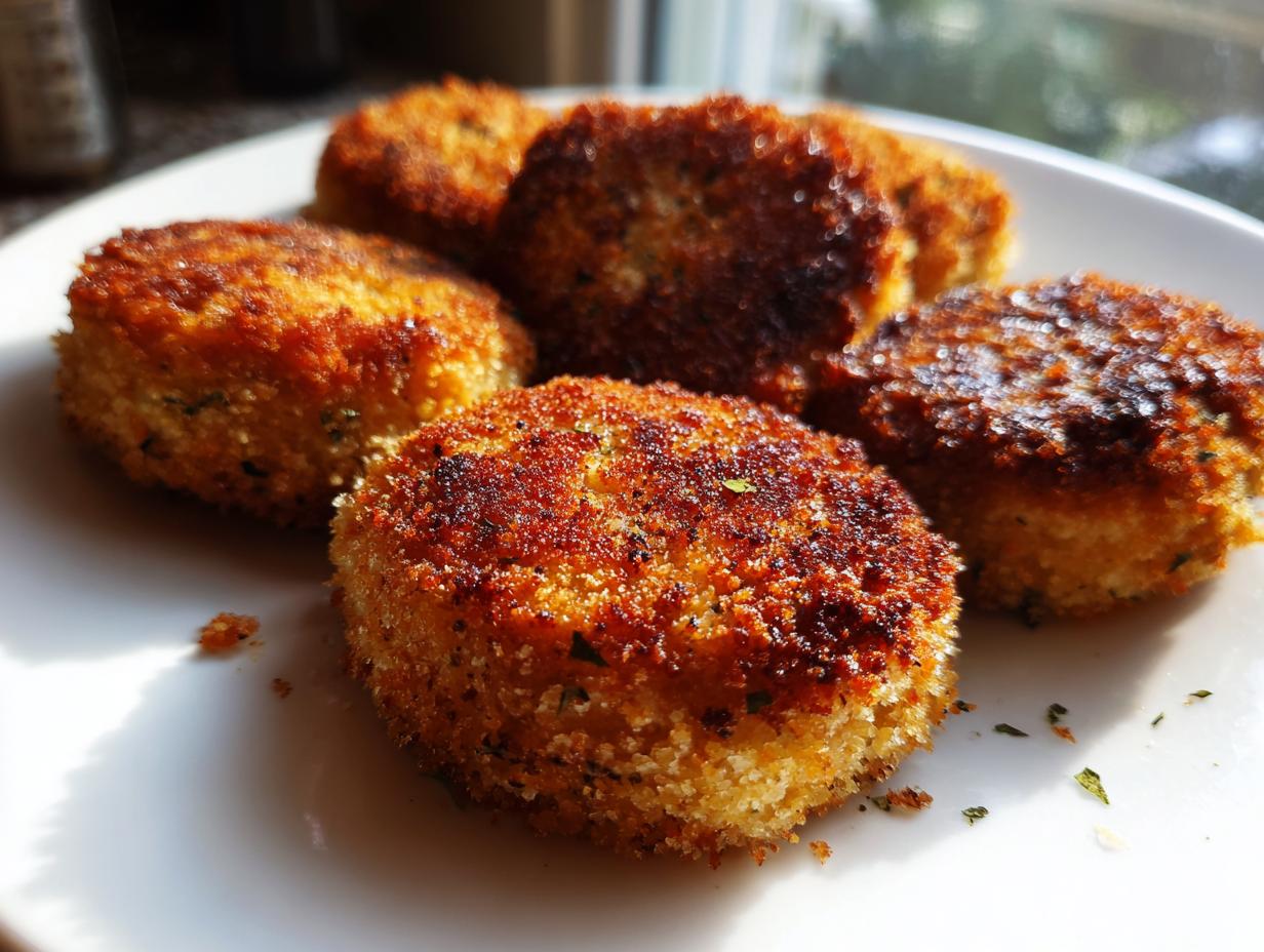 Close-up of golden-brown, crispy tuna patties on a white plate, ready to be served.