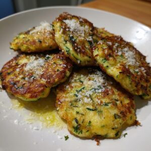 A close-up of golden-brown zucchini fritters sprinkled with grated Parmesan cheese and served with melted butter.
