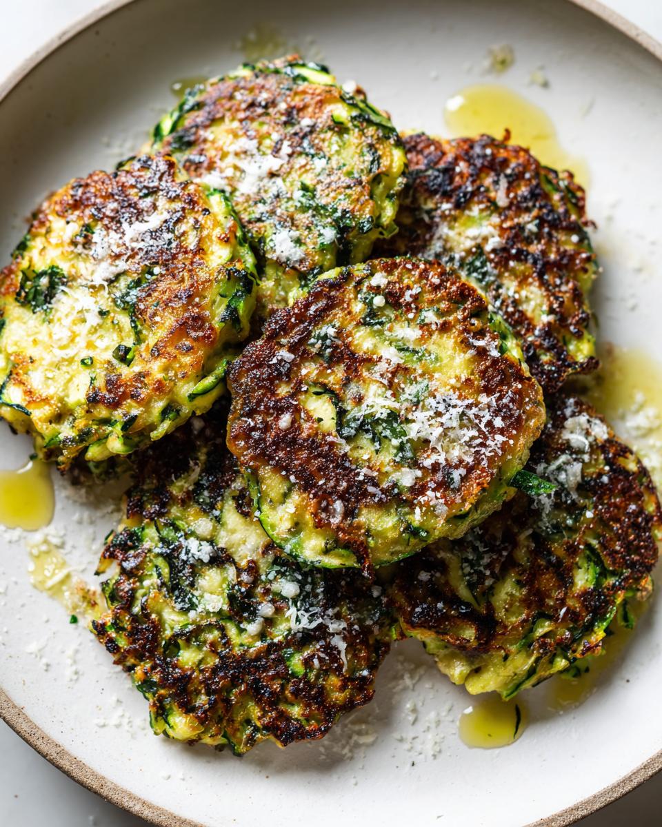A close-up shot of golden-brown zucchini fritters sprinkled with Parmesan cheese, served on a plate.