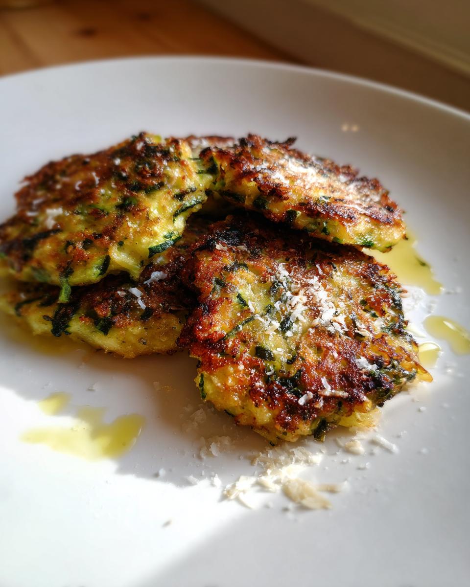 A close-up of golden-brown zucchini fritters stacked on a white plate, sprinkled with grated Parmesan cheese and drizzled with oil.