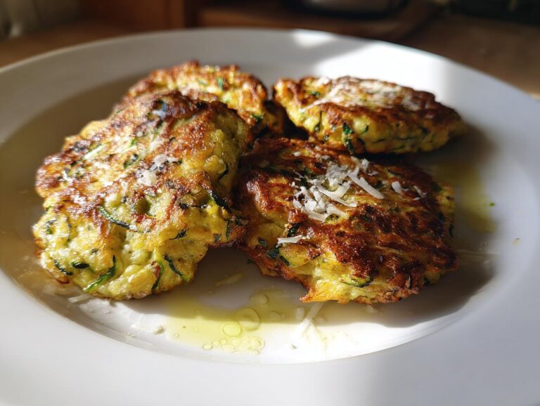 Golden brown zucchini fritters sprinkled with grated parmesan cheese on a white plate.