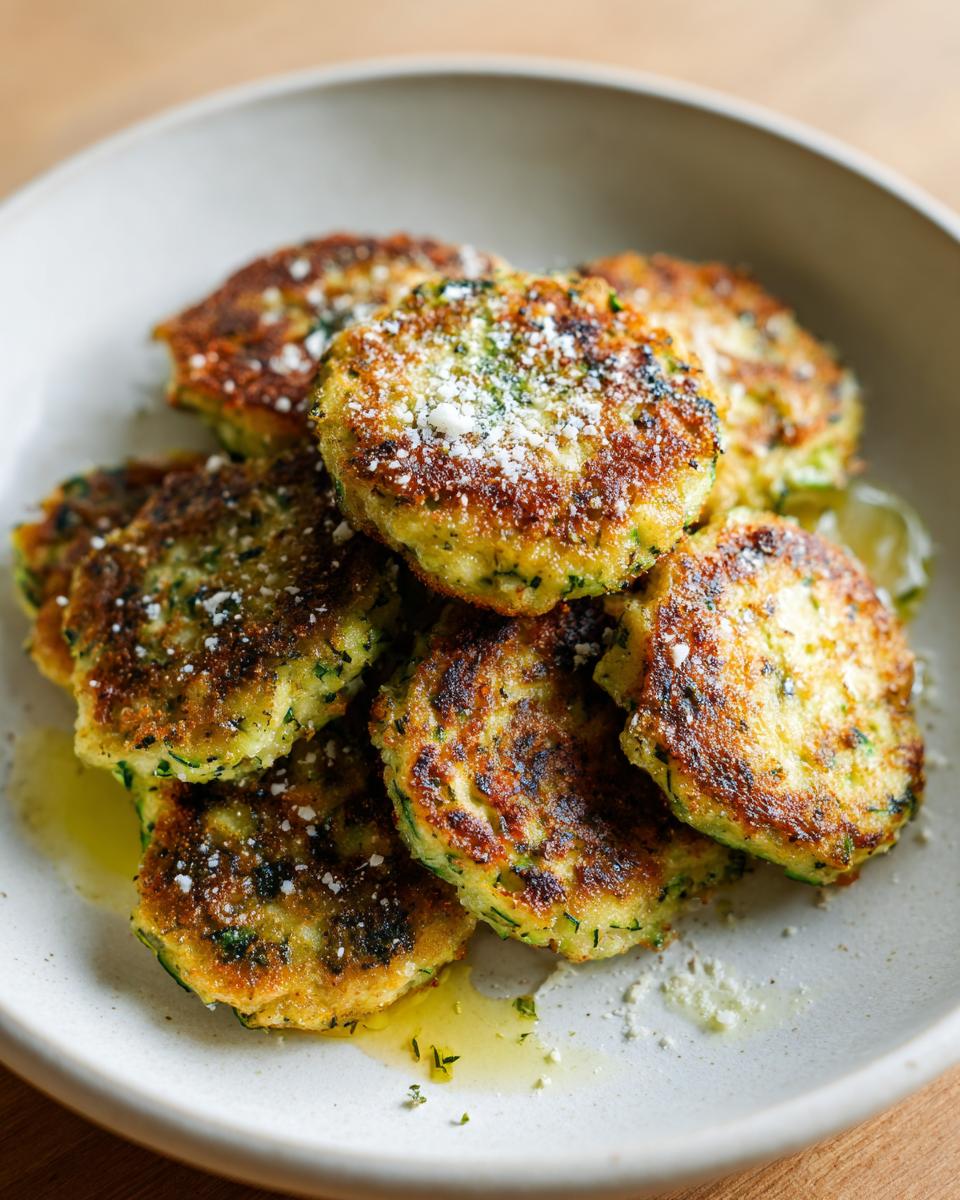 A close-up of a pile of crispy zucchini fritters, sprinkled with grated parmesan cheese and drizzled with oil.