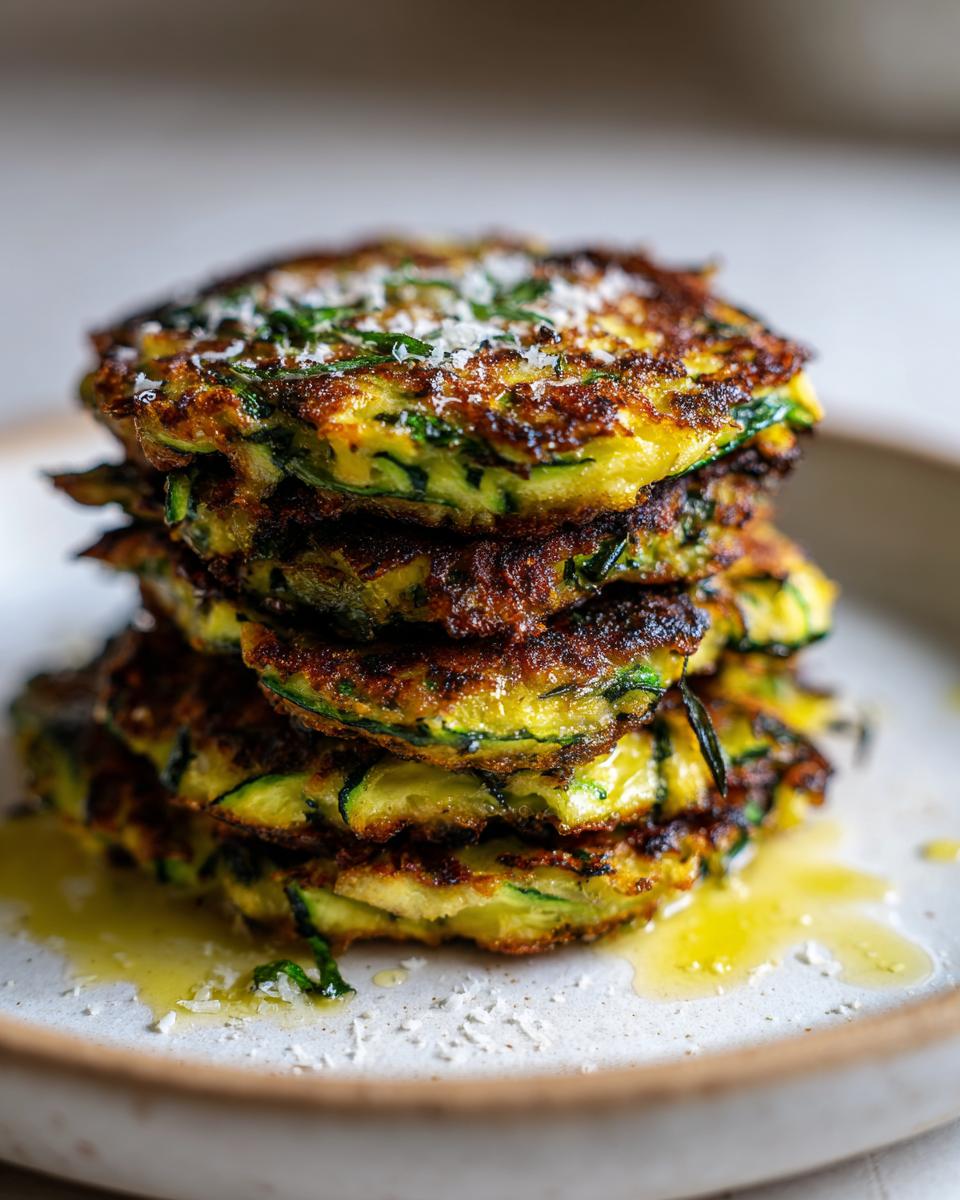 A stack of golden-brown, crispy zucchini fritters topped with grated parmesan and herbs, drizzled with oil.