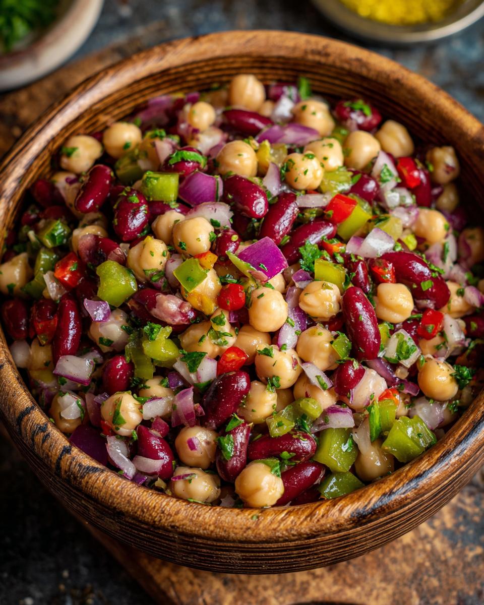 Close-up of a vibrant dense bean salad in a wooden bowl, featuring kidney beans, chickpeas, red onion, bell peppers, and parsley.