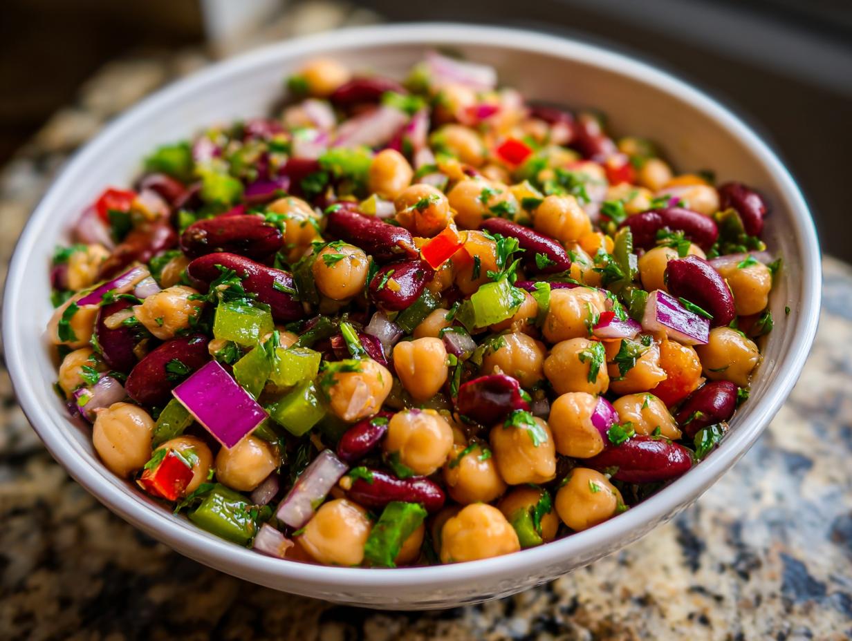 A close-up of a vibrant dense bean salad featuring chickpeas, kidney beans, red onion, green bell pepper, and parsley.