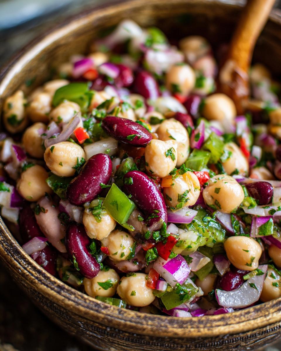 Close-up of a dense bean salad featuring chickpeas, kidney beans, red onion, green bell pepper, and parsley.