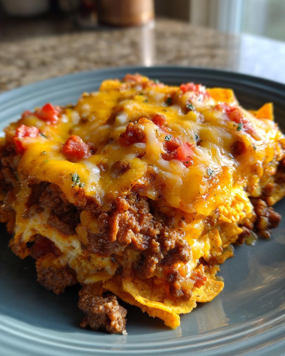 A close-up shot of a serving of Dorito Casserole, featuring layers of ground beef, melted cheese, and crushed Doritos.