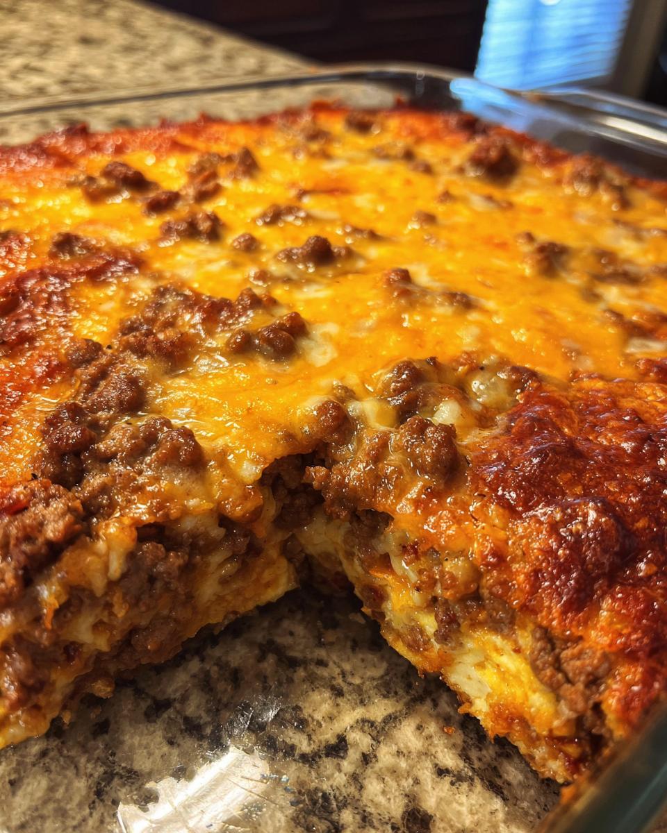 A close-up of a freshly baked Dorito Casserole with melted cheese and seasoned ground beef.