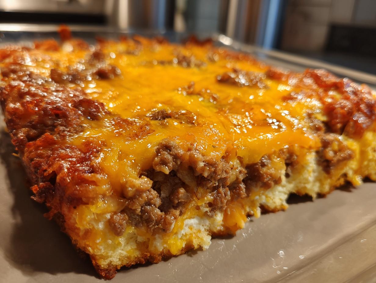 Close-up of a slice of Dorito Casserole, featuring layers of seasoned ground beef and melted cheddar cheese.