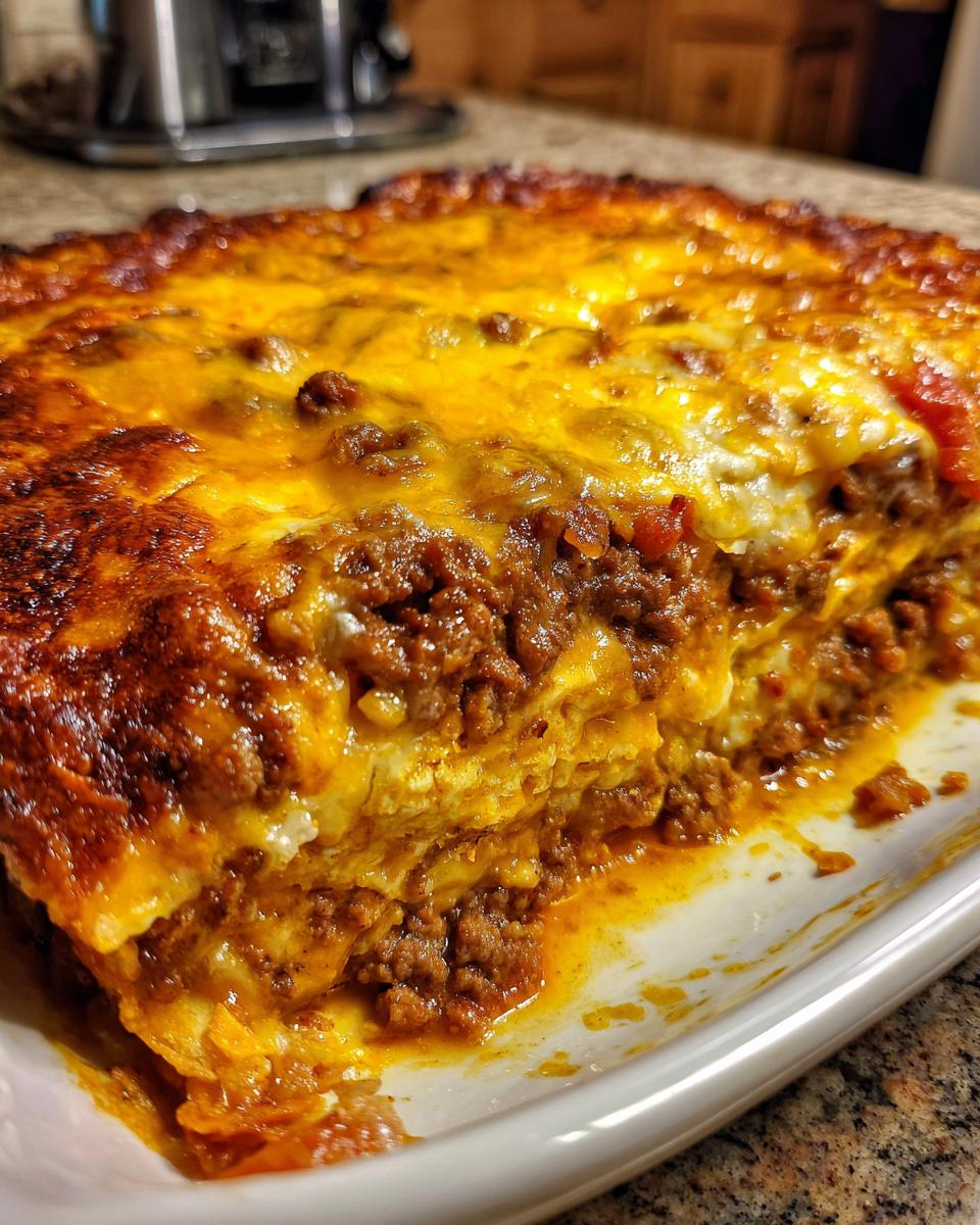 Close-up of a slice of Dorito Casserole, featuring layers of ground beef, cheese, and sauce.