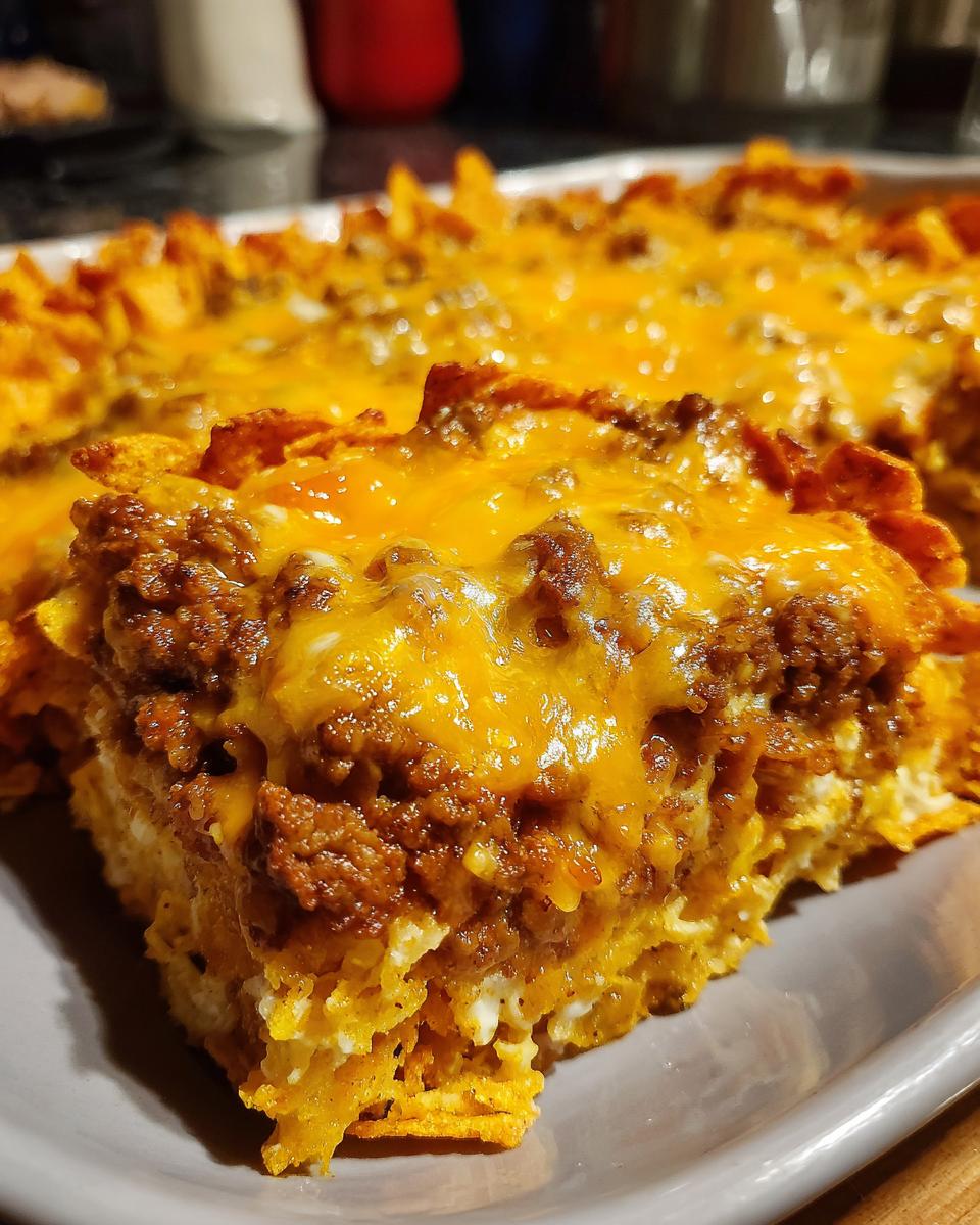 A close-up of a hearty slice of Dorito Casserole, featuring seasoned ground beef and melted cheese.