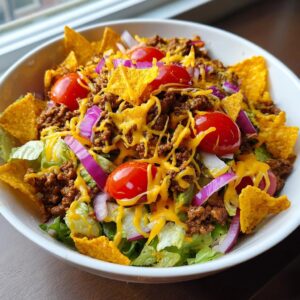 A close-up of a bowl of Dorito Taco Salad, featuring lettuce, seasoned ground beef, cherry tomatoes, red onion, shredded cheese, and tortilla chips.