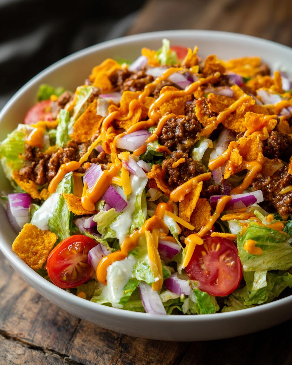 A close-up of a bowl of dorito taco salad, featuring lettuce, ground beef, cherry tomatoes, red onion, cheese, and crushed doritos.
