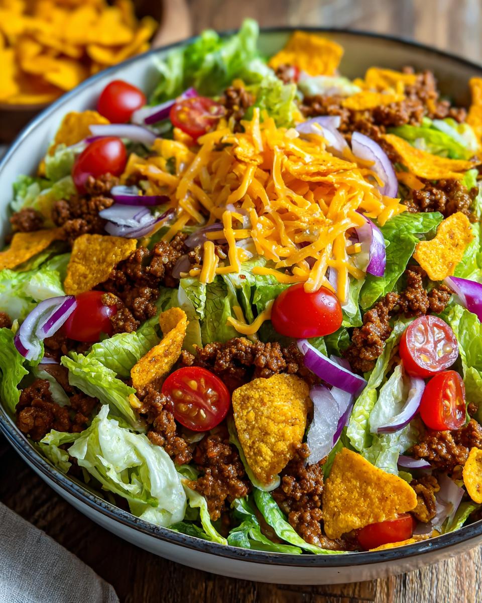 A close-up of a vibrant Dorito Taco Salad featuring crisp lettuce, seasoned ground beef, cherry tomatoes, red onion, shredded cheese, and crunchy Doritos.