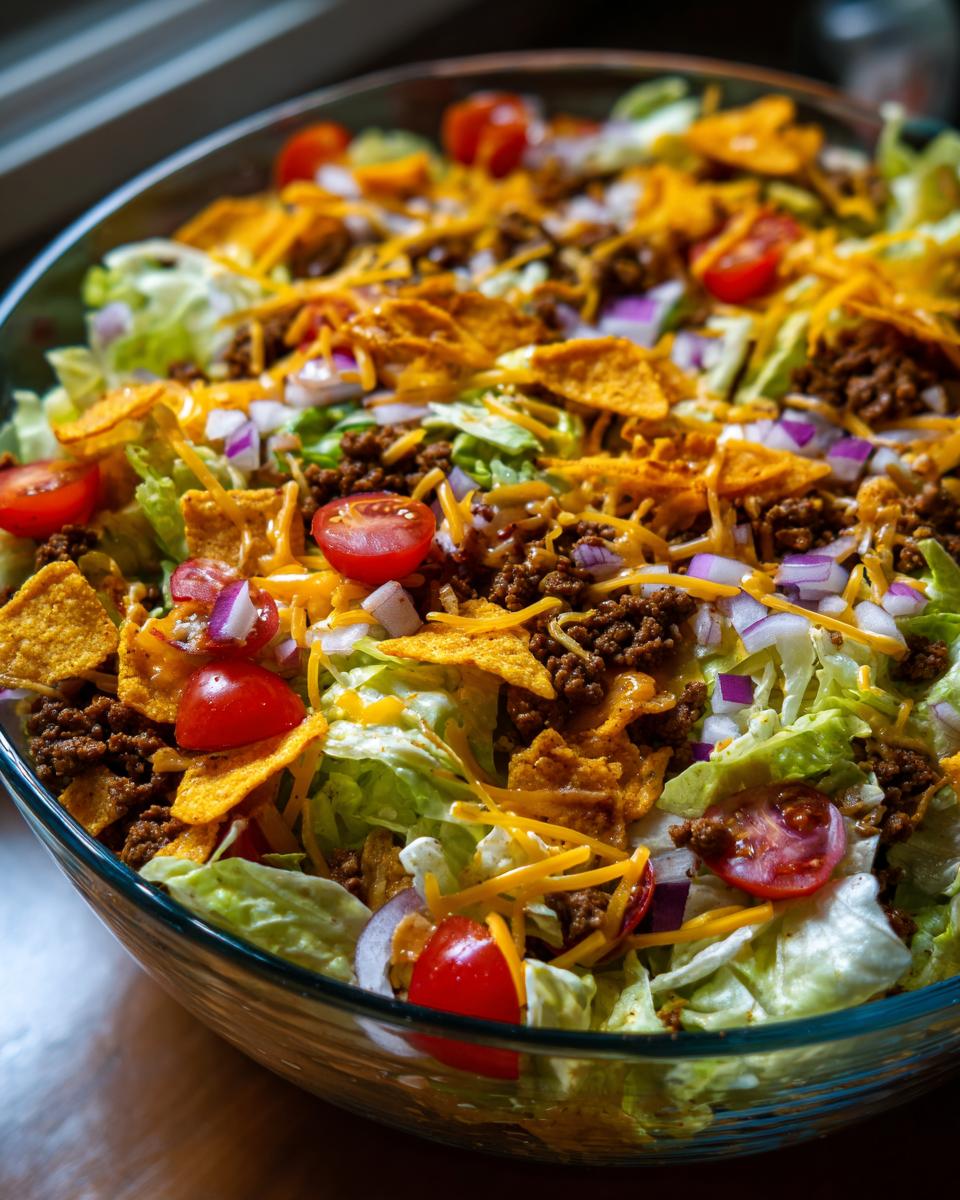 A close-up of a hearty Dorito Taco Salad in a glass bowl, featuring seasoned ground beef, shredded lettuce, cherry tomatoes, red onion, shredded cheese, and crushed Doritos.